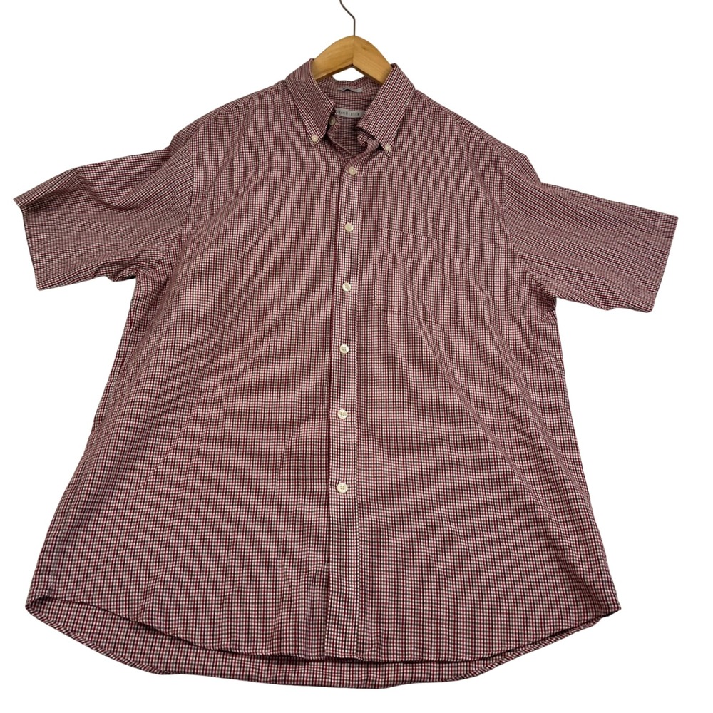 Van Heusen Mens Red Gingham No Iron Short Sleeve Button Down Shirt Med 15-15.5